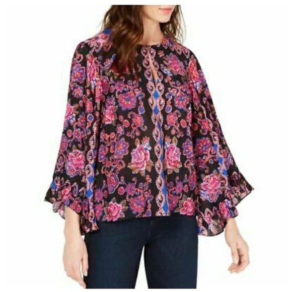 NANETTE Lepore Boho Silk Square-Neck Long-Sleeve Peasant Top - Picture 1 of 4